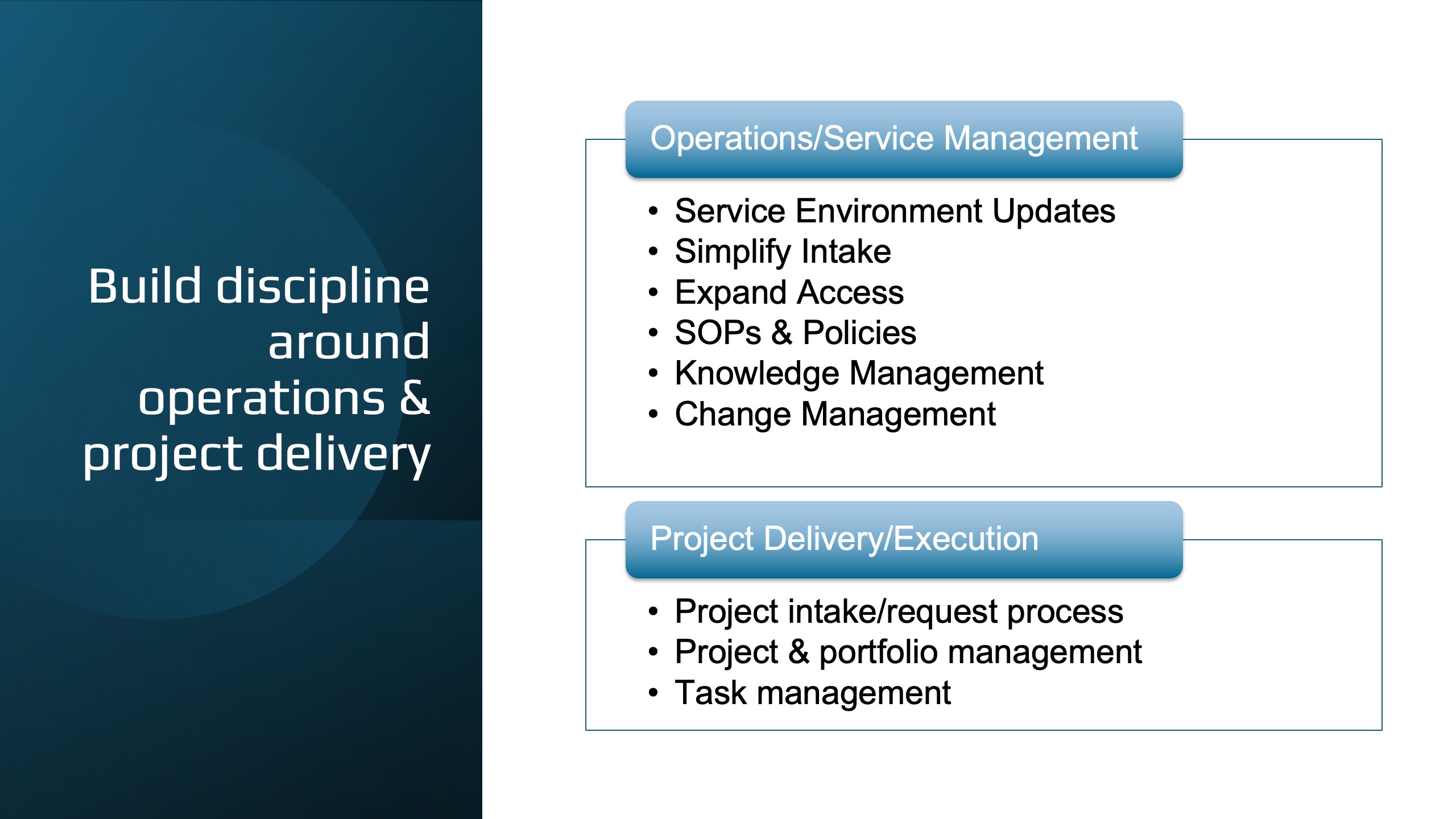 Build discipline around operations & project delivery.